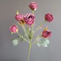 Detailed view of artificial rose flower branch, 10-head faux fabric roses for home decor. - Purplish Red