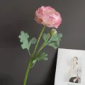 Artificial glued-feel ranunculus flower detail, pink artificial bloom with bud for home decor. - Deep Pink