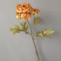 Detalle de peonía artificial retro de dos cabezas, pétalos realistas y hojas verdes decorativas. - H65CM / Naranja