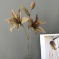 Artificial vintage oil painting style 3-head lily flower branch for home decor - H52CM / Green Coffee