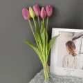Bouquet de tulipes artificielles en caoutchouc souple 5 têtes, détail de décoration. - H40CM / Mauve Clair