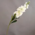 Detalle cercano de tallo de flor artificial blanca con hojas verdes y pétalos muy realistas. - Blanco