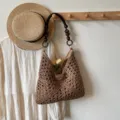 Bolso de hombro de paja tejido elegante para mujer, bolso de playa hecho a mano. - Caqui