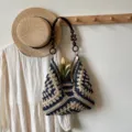 Handmade crochet shoulder bag in navy blue and beige with wooden beaded straps for women. - Navy Blue