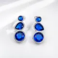 Exquisite triple-stone blue gemstone silver drop earrings, elegant retro fashion jewelry design. - Silver Style 1