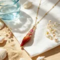 Gradient Shell Necklace Gold Rimmed Scallop Pendant Beaded Chain Summer Beach Accessory - Red Pink Gradient Scallop (Style 7) / Colorful