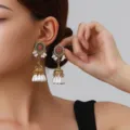 Vintage ethnic rhinestone pearl tassel jhumka earrings close up detail shot chic design - Pearl Tassel Style (weh6386) / Rose Red Antique Gold