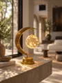 LED hemp rope moon table lamp with glass string light globe for cozy bedroom and living decor. - Gold Base