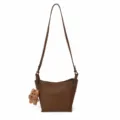 Retro Brown Litchi Pattern Bucket Bag Women PU Leather Casual Shoulder Crossbody Bag - With Pendant / Brown