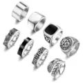 Men Stainless Steel Ring Set Vintage Punk Lion Feather Meander Band Jewelry - Size 7 / Silver