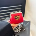 Mini red kiss lock crossbody bag with leopard heart pattern and silver chain strap. - Heart / Red
