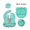 Mintgroene baby siliconen voeding set details, schattig beren zuignap bord en kom. - Kattenoor 6-Delige Set / Lichtgroen