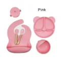 Detalle set de alimentación de bebé de silicona, plato de oso rosa, bol, taza, babero. - Set de 6 Piezas Orejas de Gato / Rosa Claro