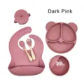 Set de alimentación de silicona para bebés con plato oso, cuenco, taza, babero en rosa oscuro. - Set de 6 Piezas Orejas de Gato / Rosa oscuro