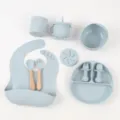 Silikon Baby Fütterung Set Detailansicht, Teller Schale Tasse Löffel Gabel, sicher - Hellblau 10-teiliges rundes Teller-Set