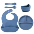 Silicone baby feeding set with divided suction plate, bowl, spoon, fork, and adjustable bib. - Silicone Fork And Spoon 5-Piece Set / Dark Blue