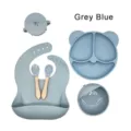 Siliconen baby eetset met verdeeld bord kom slab vork lepel beker in grijs blauw - Kattenoor 6-Delige Set / Lichtblauw