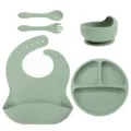 Silicone baby feeding set featuring divided plate, suction bowl, bib, spoon, and fork. - Silicone Fork And Spoon 5-Piece Set / Army Green