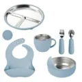 Dettagli set pappa neonato in acciaio inox, ciotola in silicone con ventosa, piatto diviso, bavaglino. - Azzurro