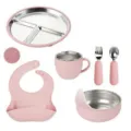 Set pappa neonato acciaio inox, piatto diviso silicone rosa, ciotola, cucchiaio, forchetta, bavaglino. - Rosa Chiaro