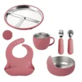 Set pappa neonato in acciaio inox con piatto ciotola tazza bavaglino cucchiaio forchetta rosa - Rosa Scuro