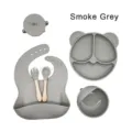 Set de alimentación para bebé de silicona 6 piezas con plato babero taza y cubiertos - Set de 6 Piezas Orejas de Gato / Gris humo