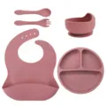 Silicone baby feeding set with divided plate, suction bowl, bib, spoon, and fork for toddlers. - Silicone Fork And Spoon 5-Piece Set / Deep Pink
