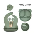 Set de vajilla de silicona para bebé plato dividido cuenco babero taza verde. - Set de 6 Piezas Orejas de Gato / Verde Militar