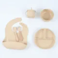 Siliconen baby voeding set detail met verdeeld bord, kom, slabbetje en houten lepel vork. - Ronde Bord 6-Delige Set / Beige