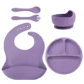 Silicone baby feeding set with divided suction plate, bowl, bib, spoon and fork in purple. - Silicone Fork And Spoon 5-Piece Set / Purple