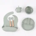 Siliconen baby eetset met verdeeld bord kom beker slabbetje houten lepel vork voor peuters - Ronde Bord 6-Delige Set / Legergroen