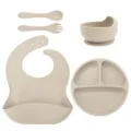Silicone baby feeding set detail showcasing suction plate, bowl, and bib, safe material. - Silicone Fork And Spoon 5-Piece Set / Beige