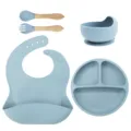 Baby silicone feeding set with divided suction plate bowl bib and wooden handle fork spoon - Wooden Handle Fork And Spoon 5-Piece Set / Light Blue