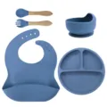 Silicone baby feeding set with divided plate bowl bib and wooden spoon fork for toddlers. - Wooden Handle Fork And Spoon 5-Piece Set / Dark Blue