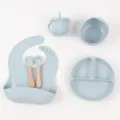 Complete baby siliconen servies set verdeelde bord kom beker lepel vork slabber setje - Ronde Bord 6-Delige Set / Lichtblauw