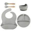 Silicone baby feeding set details showing divided plate suction bowl bib and spoons. - Wooden Handle Fork And Spoon 5-Piece Set / Smoke
