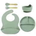 Baby silicone feeding set with partitioned suction plate, bowl, bib, spoon and fork. - Wooden Handle Fork And Spoon 5-Piece Set / Army Green