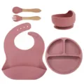 Silicone baby feeding set detail showing divided plate, suction bowl, and wooden spoon. - Wooden Handle Fork And Spoon 5-Piece Set / Deep Pink