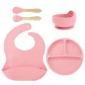 Silicone baby feeding set detail showing partitioned suction plate bowl spoon fork and bib. - Wooden Handle Fork And Spoon 5-Piece Set / Light Pink