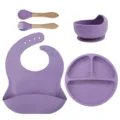 Silicone baby feeding set detail, suction plate bowl, bib and wooden handle fork spoon. - Wooden Handle Fork And Spoon 5-Piece Set / Purple