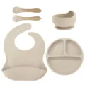 Baby silicone feeding set detail view, featuring divided suction plate, bowl, bib, spoon and fork. - Wooden Handle Fork And Spoon 5-Piece Set / Beige