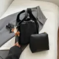 Modische schwarze Leder Eimer Tasche Set mit Beutel und Anhänger, trendige minimalistische Tasche. - Ohne Anhänger / Schwarz