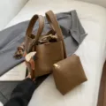 Korean ins style brown bucket bag with matching pouch, vintage PU leather shoulder crossbody bag. - Brown