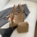 Korean style PU leather bucket bag with pouch and winged horse charm for women daily fashion - Khaki