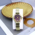 Detail view of the elegant gold quartz watch with a striking maroon radial dial and metal strap. - Red