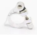 Detailed close-up of silver bicycle quick release seatpost clamp, showing metal lever and screw. - 28.6mm / Silver