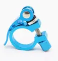 Close-up detail of blue aluminum bicycle quick release seatpost clamp hardware. - 28.6mm / Blue