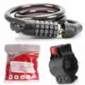 Detailed view of 5-digit bicycle cable lock with combination dials, packaging bag and mount. - With Lock Bracket / Black