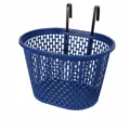 Blue plastic bicycle front basket close-up view, durable grid design with convenient hanging hooks. - One Size / Blue