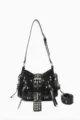 Black punk motorcycle shoulder bag with metal studs and zippers, retro leather underarm handbag. - Black